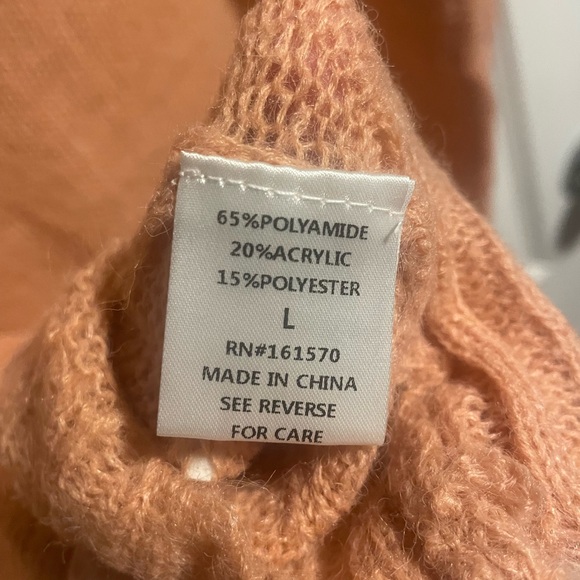 Peach Soft Fuzzy Lightweight Knit Sweater with Floral Knitted Details, Crew Neck - Picture 12 of 13